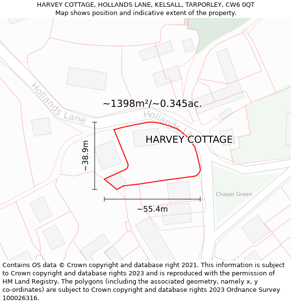 HARVEY COTTAGE, HOLLANDS LANE, KELSALL, TARPORLEY, CW6 0QT: Plot and title map