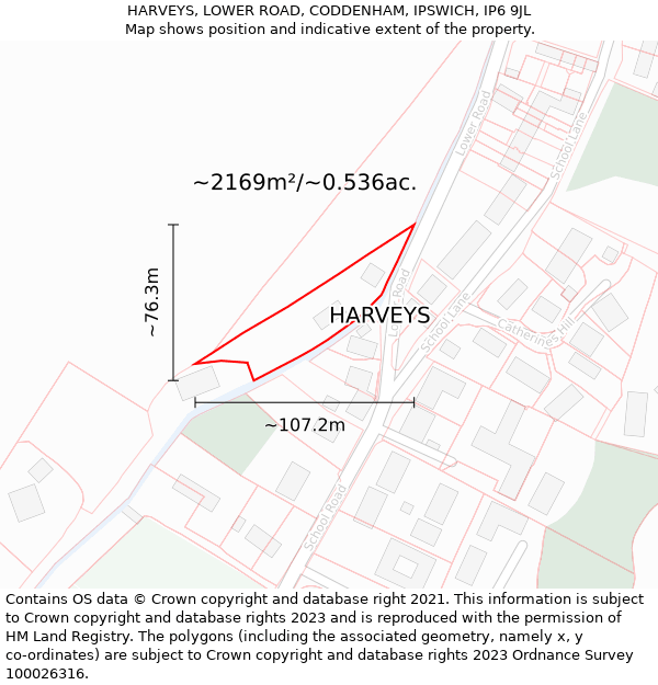 HARVEYS, LOWER ROAD, CODDENHAM, IPSWICH, IP6 9JL: Plot and title map