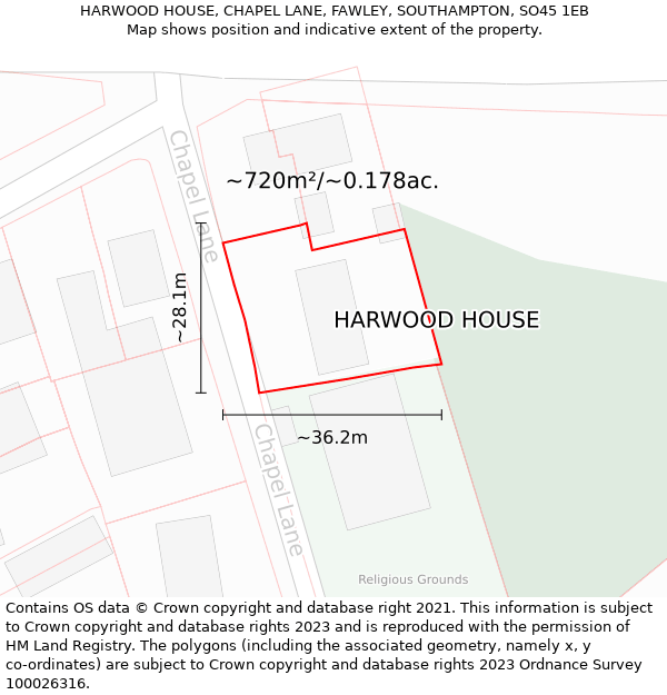 HARWOOD HOUSE, CHAPEL LANE, FAWLEY, SOUTHAMPTON, SO45 1EB: Plot and title map