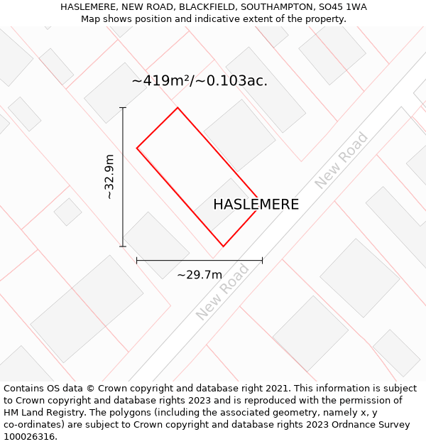 HASLEMERE, NEW ROAD, BLACKFIELD, SOUTHAMPTON, SO45 1WA: Plot and title map