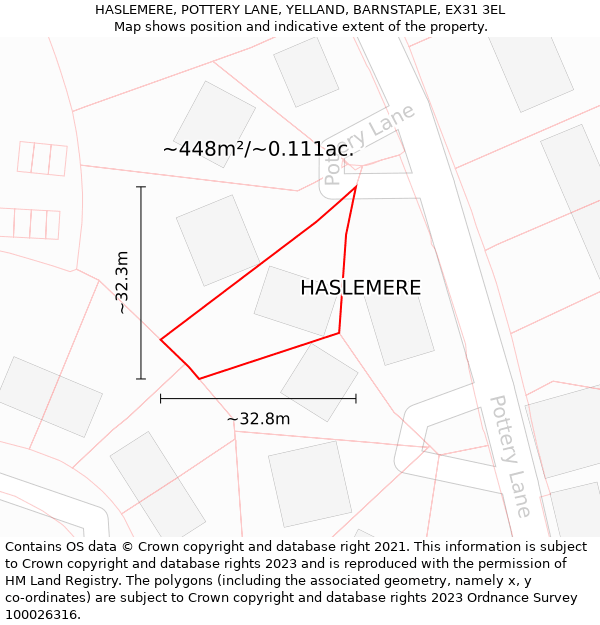 HASLEMERE, POTTERY LANE, YELLAND, BARNSTAPLE, EX31 3EL: Plot and title map