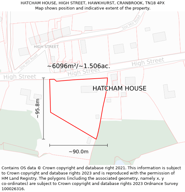 HATCHAM HOUSE, HIGH STREET, HAWKHURST, CRANBROOK, TN18 4PX: Plot and title map