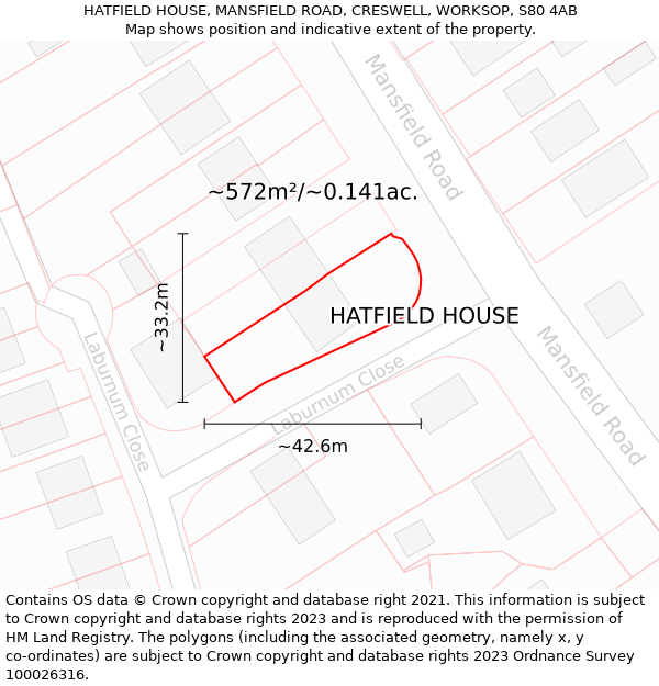 HATFIELD HOUSE, MANSFIELD ROAD, CRESWELL, WORKSOP, S80 4AB: Plot and title map