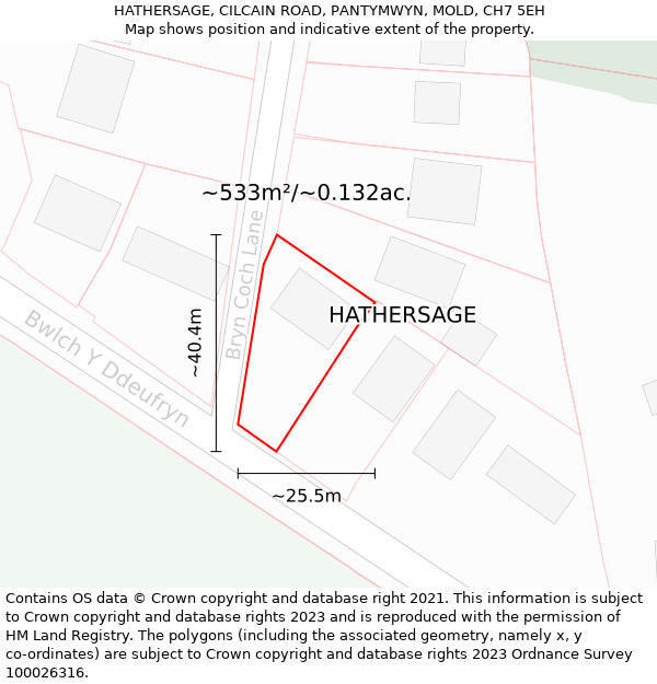 HATHERSAGE, CILCAIN ROAD, PANTYMWYN, MOLD, CH7 5EH: Plot and title map