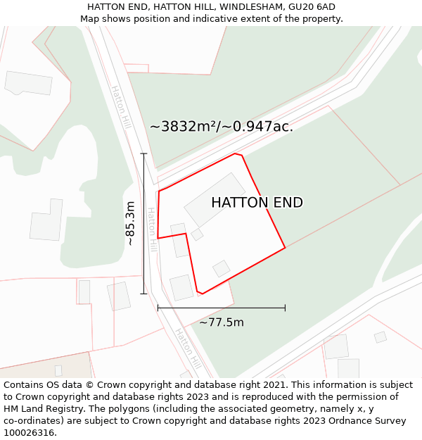 HATTON END, HATTON HILL, WINDLESHAM, GU20 6AD: Plot and title map