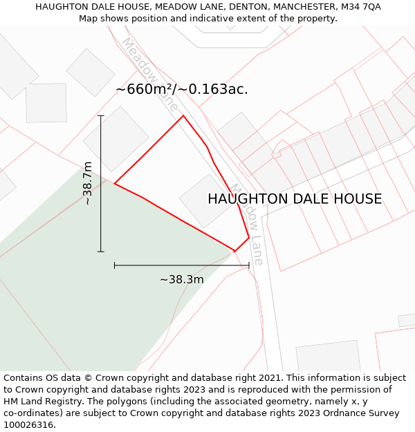 HAUGHTON DALE HOUSE, MEADOW LANE, DENTON, MANCHESTER, M34 7QA: Plot and title map