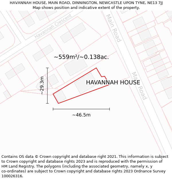 HAVANNAH HOUSE, MAIN ROAD, DINNINGTON, NEWCASTLE UPON TYNE, NE13 7JJ: Plot and title map