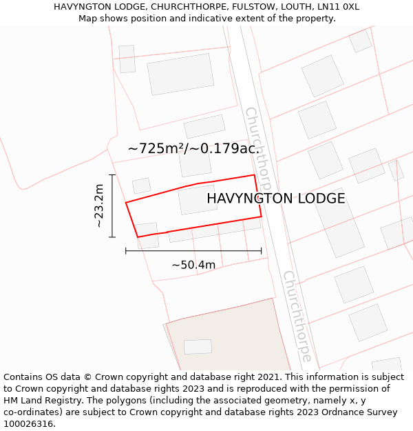HAVYNGTON LODGE, CHURCHTHORPE, FULSTOW, LOUTH, LN11 0XL: Plot and title map