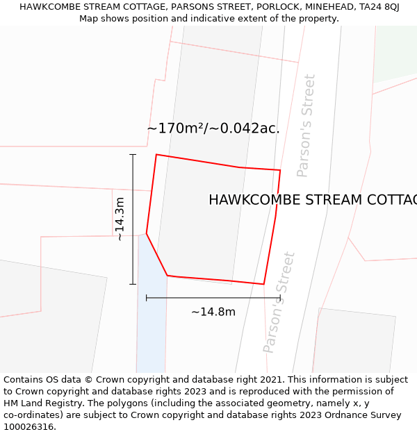 HAWKCOMBE STREAM COTTAGE, PARSONS STREET, PORLOCK, MINEHEAD, TA24 8QJ: Plot and title map