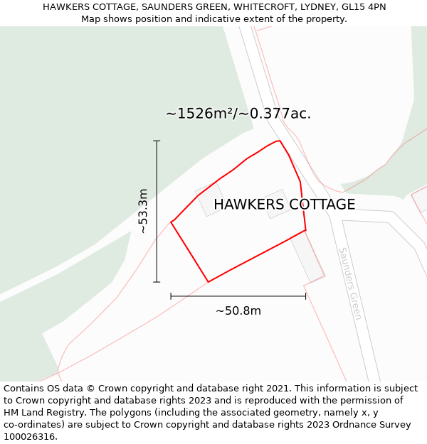 HAWKERS COTTAGE, SAUNDERS GREEN, WHITECROFT, LYDNEY, GL15 4PN: Plot and title map