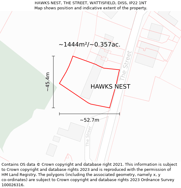 HAWKS NEST, THE STREET, WATTISFIELD, DISS, IP22 1NT: Plot and title map