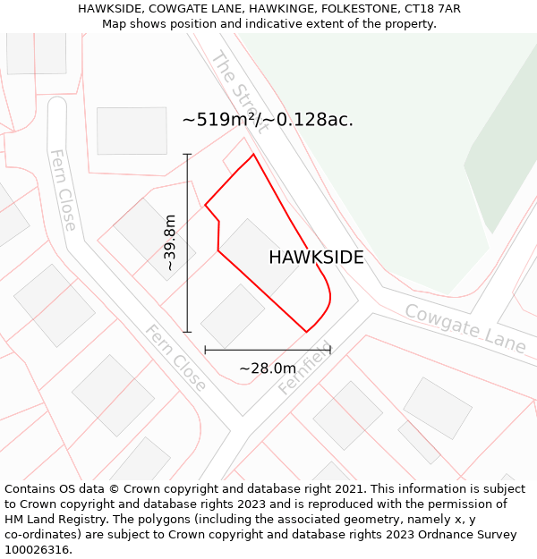 HAWKSIDE, COWGATE LANE, HAWKINGE, FOLKESTONE, CT18 7AR: Plot and title map