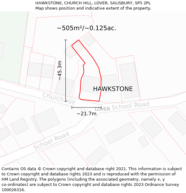 HAWKSTONE, CHURCH HILL, LOVER, SALISBURY, SP5 2PL: Plot and title map