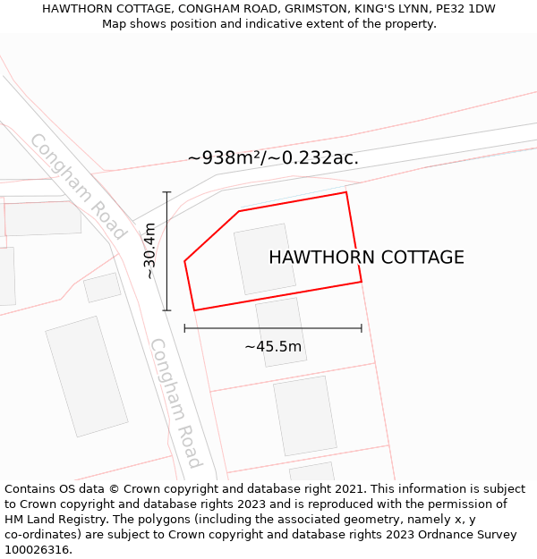 HAWTHORN COTTAGE, CONGHAM ROAD, GRIMSTON, KING'S LYNN, PE32 1DW: Plot and title map