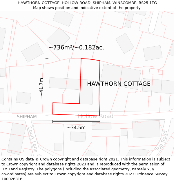 HAWTHORN COTTAGE, HOLLOW ROAD, SHIPHAM, WINSCOMBE, BS25 1TG: Plot and title map