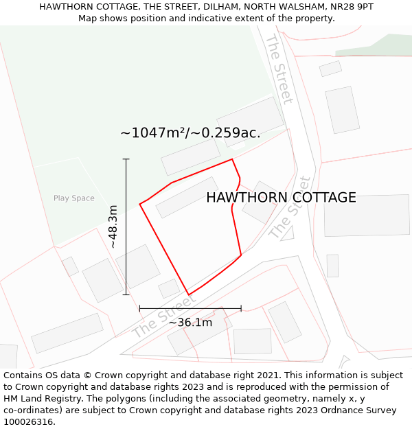 HAWTHORN COTTAGE, THE STREET, DILHAM, NORTH WALSHAM, NR28 9PT: Plot and title map