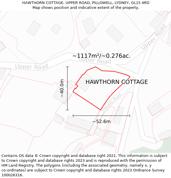 HAWTHORN COTTAGE, UPPER ROAD, PILLOWELL, LYDNEY, GL15 4RD: Plot and title map