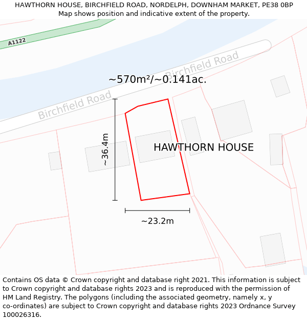 HAWTHORN HOUSE, BIRCHFIELD ROAD, NORDELPH, DOWNHAM MARKET, PE38 0BP: Plot and title map