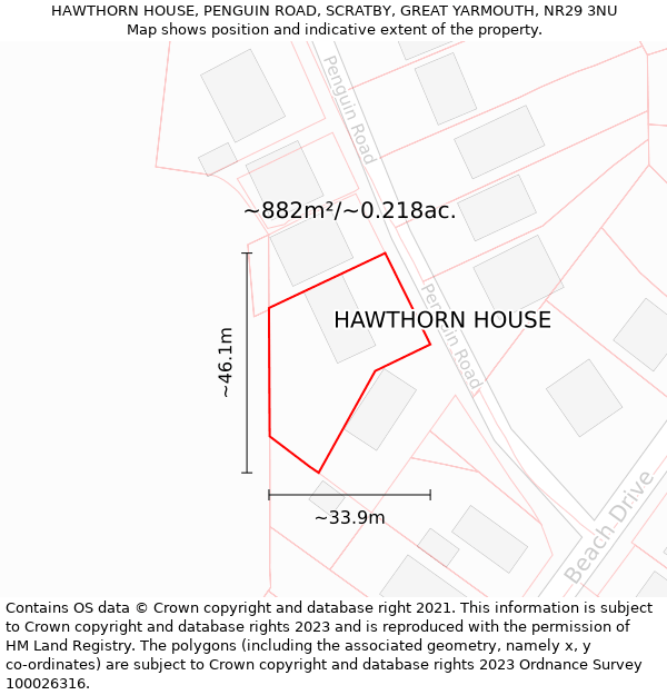 HAWTHORN HOUSE, PENGUIN ROAD, SCRATBY, GREAT YARMOUTH, NR29 3NU: Plot and title map