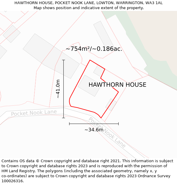 HAWTHORN HOUSE, POCKET NOOK LANE, LOWTON, WARRINGTON, WA3 1AL: Plot and title map