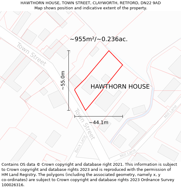HAWTHORN HOUSE, TOWN STREET, CLAYWORTH, RETFORD, DN22 9AD: Plot and title map