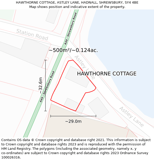 HAWTHORNE COTTAGE, ASTLEY LANE, HADNALL, SHREWSBURY, SY4 4BE: Plot and title map