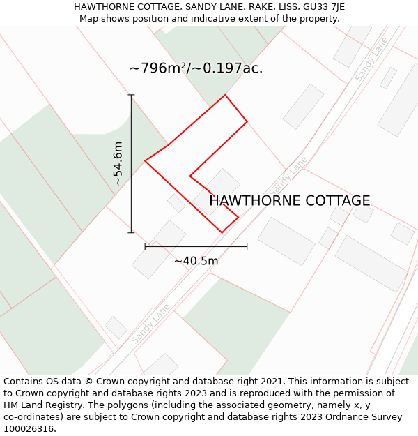 HAWTHORNE COTTAGE, SANDY LANE, RAKE, LISS, GU33 7JE: Plot and title map