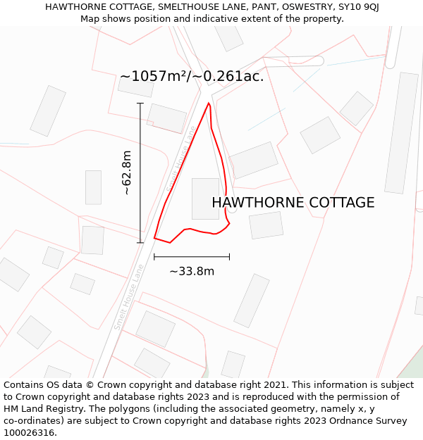 HAWTHORNE COTTAGE, SMELTHOUSE LANE, PANT, OSWESTRY, SY10 9QJ: Plot and title map