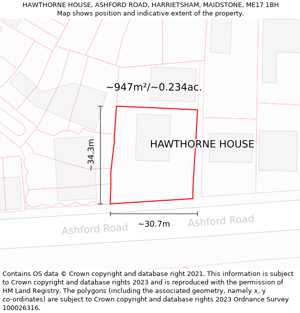 HAWTHORNE HOUSE, ASHFORD ROAD, HARRIETSHAM, MAIDSTONE, ME17 1BH: Plot and title map