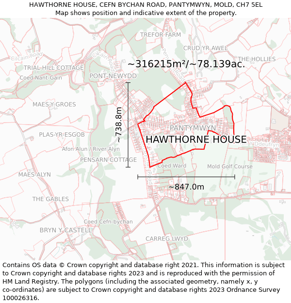 HAWTHORNE HOUSE, CEFN BYCHAN ROAD, PANTYMWYN, MOLD, CH7 5EL: Plot and title map