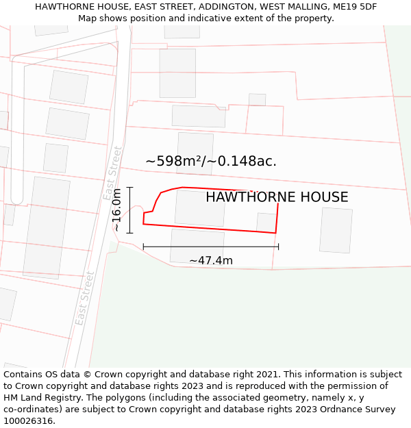 HAWTHORNE HOUSE, EAST STREET, ADDINGTON, WEST MALLING, ME19 5DF: Plot and title map