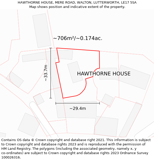 HAWTHORNE HOUSE, MERE ROAD, WALTON, LUTTERWORTH, LE17 5SA: Plot and title map