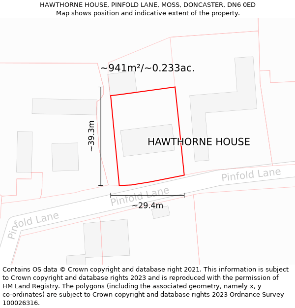 HAWTHORNE HOUSE, PINFOLD LANE, MOSS, DONCASTER, DN6 0ED: Plot and title map