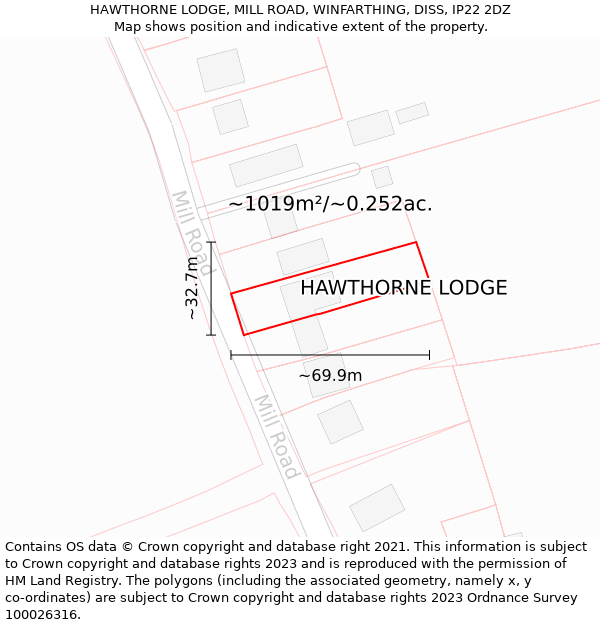 HAWTHORNE LODGE, MILL ROAD, WINFARTHING, DISS, IP22 2DZ: Plot and title map