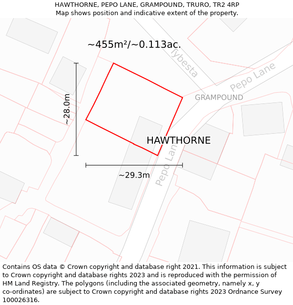 HAWTHORNE, PEPO LANE, GRAMPOUND, TRURO, TR2 4RP: Plot and title map