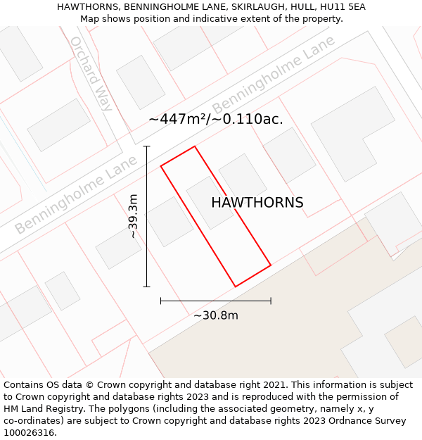 HAWTHORNS, BENNINGHOLME LANE, SKIRLAUGH, HULL, HU11 5EA: Plot and title map