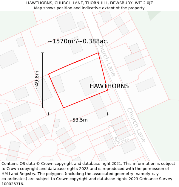 HAWTHORNS, CHURCH LANE, THORNHILL, DEWSBURY, WF12 0JZ: Plot and title map