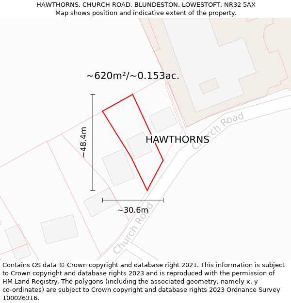 HAWTHORNS, CHURCH ROAD, BLUNDESTON, LOWESTOFT, NR32 5AX: Plot and title map