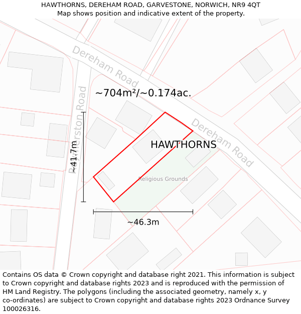 HAWTHORNS, DEREHAM ROAD, GARVESTONE, NORWICH, NR9 4QT: Plot and title map