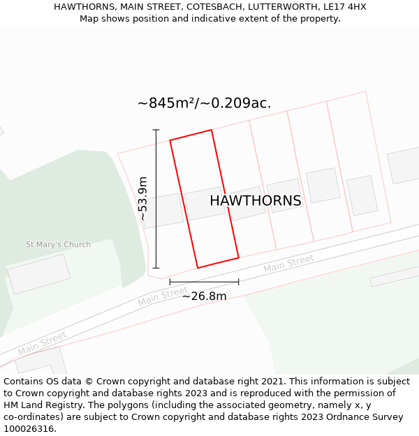 HAWTHORNS, MAIN STREET, COTESBACH, LUTTERWORTH, LE17 4HX: Plot and title map