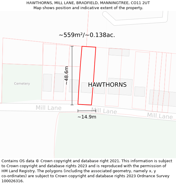 HAWTHORNS, MILL LANE, BRADFIELD, MANNINGTREE, CO11 2UT: Plot and title map