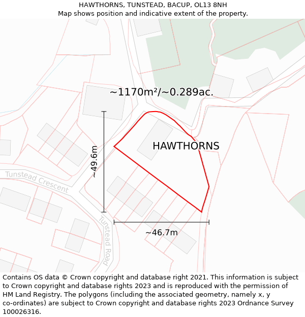 HAWTHORNS, TUNSTEAD, BACUP, OL13 8NH: Plot and title map