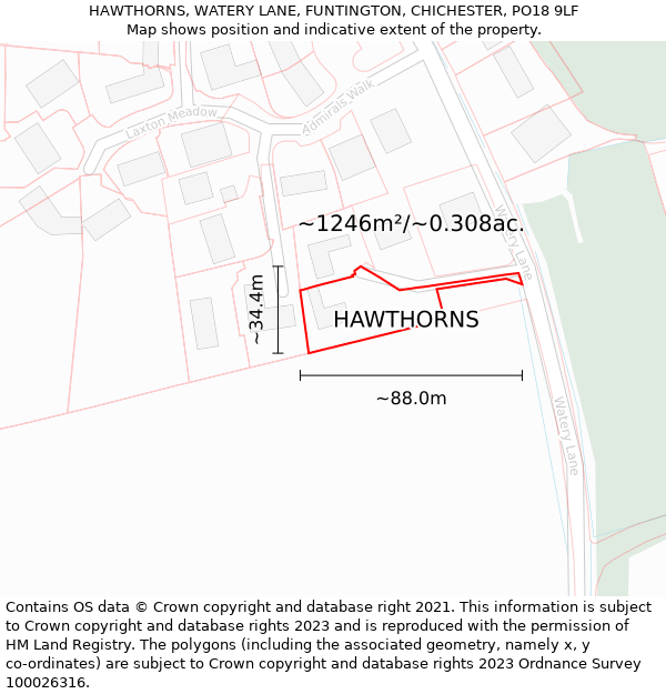 HAWTHORNS, WATERY LANE, FUNTINGTON, CHICHESTER, PO18 9LF: Plot and title map