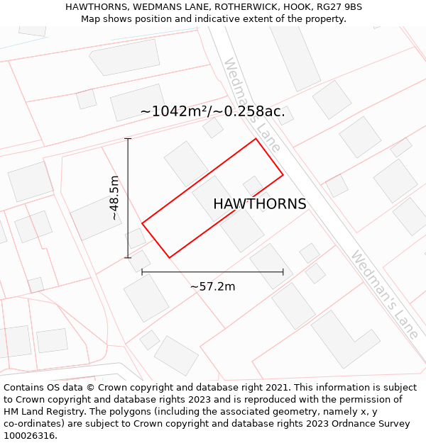 HAWTHORNS, WEDMANS LANE, ROTHERWICK, HOOK, RG27 9BS: Plot and title map