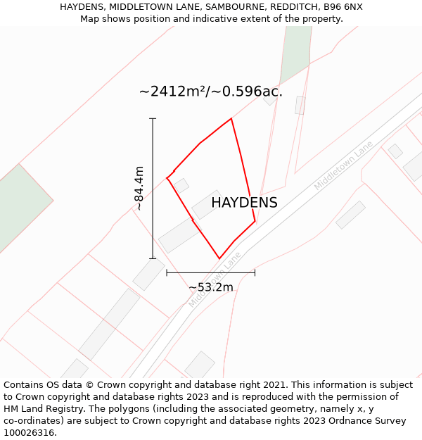 HAYDENS, MIDDLETOWN LANE, SAMBOURNE, REDDITCH, B96 6NX: Plot and title map