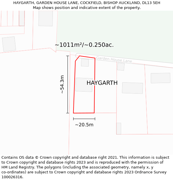 HAYGARTH, GARDEN HOUSE LANE, COCKFIELD, BISHOP AUCKLAND, DL13 5EH: Plot and title map