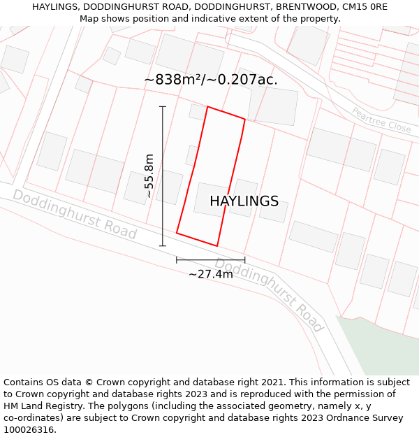 HAYLINGS, DODDINGHURST ROAD, DODDINGHURST, BRENTWOOD, CM15 0RE: Plot and title map