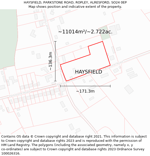 HAYSFIELD, PARKSTONE ROAD, ROPLEY, ALRESFORD, SO24 0EP: Plot and title map