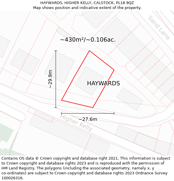 HAYWARDS, HIGHER KELLY, CALSTOCK, PL18 9QZ: Plot and title map