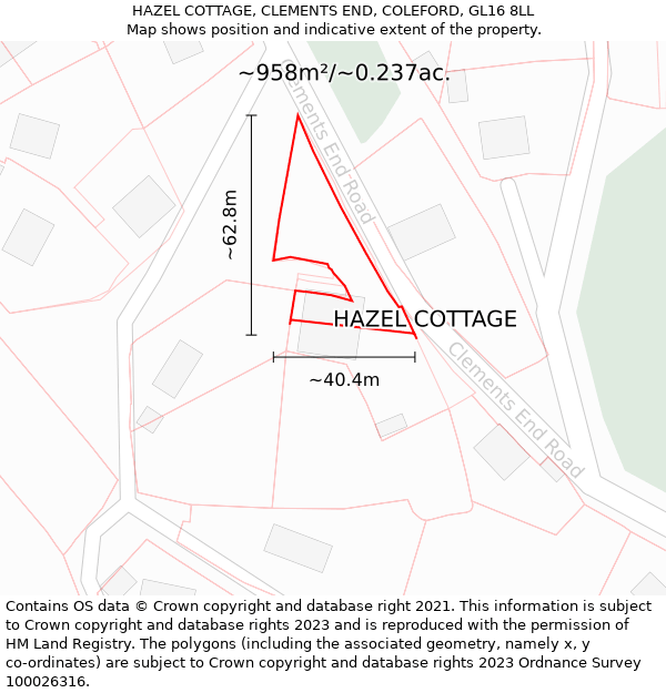 HAZEL COTTAGE, CLEMENTS END, COLEFORD, GL16 8LL: Plot and title map